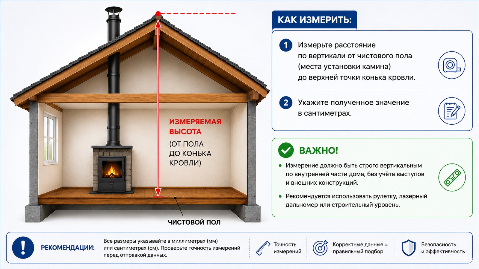 Схема замера высоты от пола до конька кровли