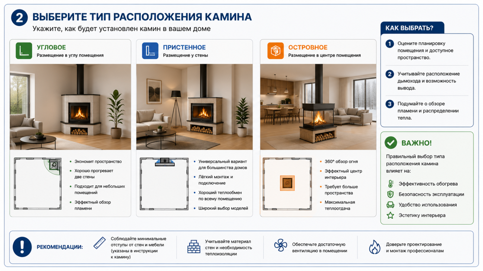 Угловое, пристенное и островное расположение камина